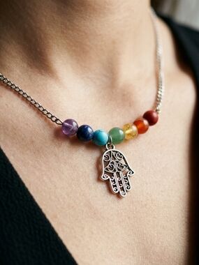 Artisan 7" Chakra Hamsa Hand Necklace Silver Tone Gemstone Bead Choker